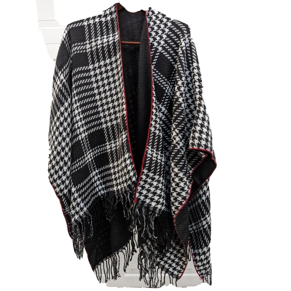 Shawl Wrap Houndstooth Plaid Check Black Reversible Fringe Poncho Cloak Ruana